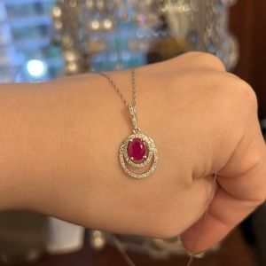 14k white gold ruby & diamond pendant and chain